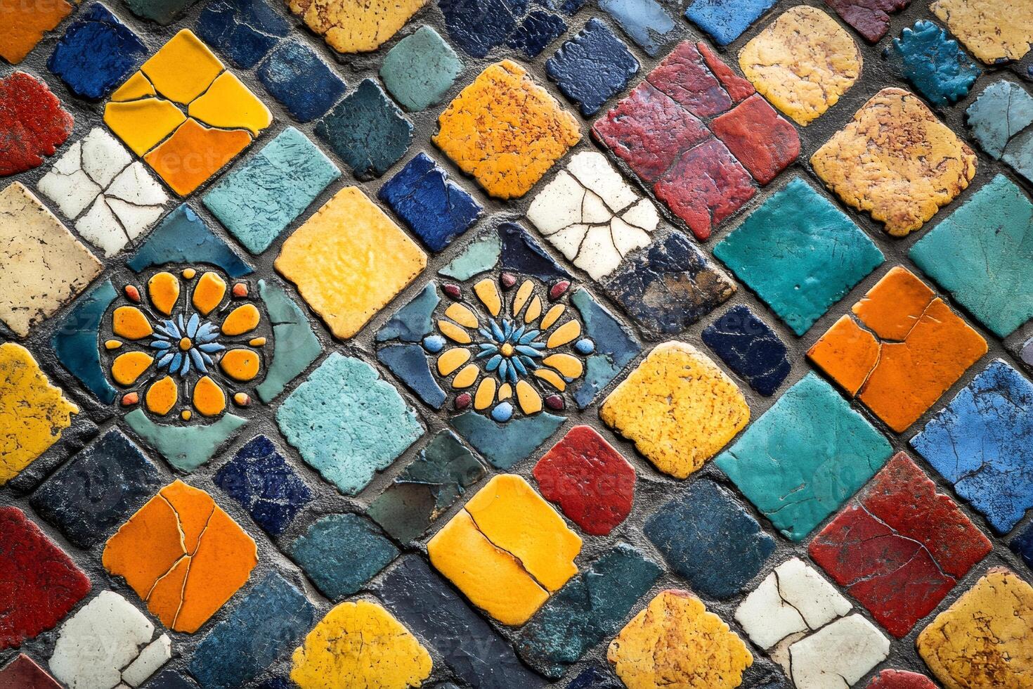 Colorful mosaic tiles forming intricate floral patterns on wall or floor photo