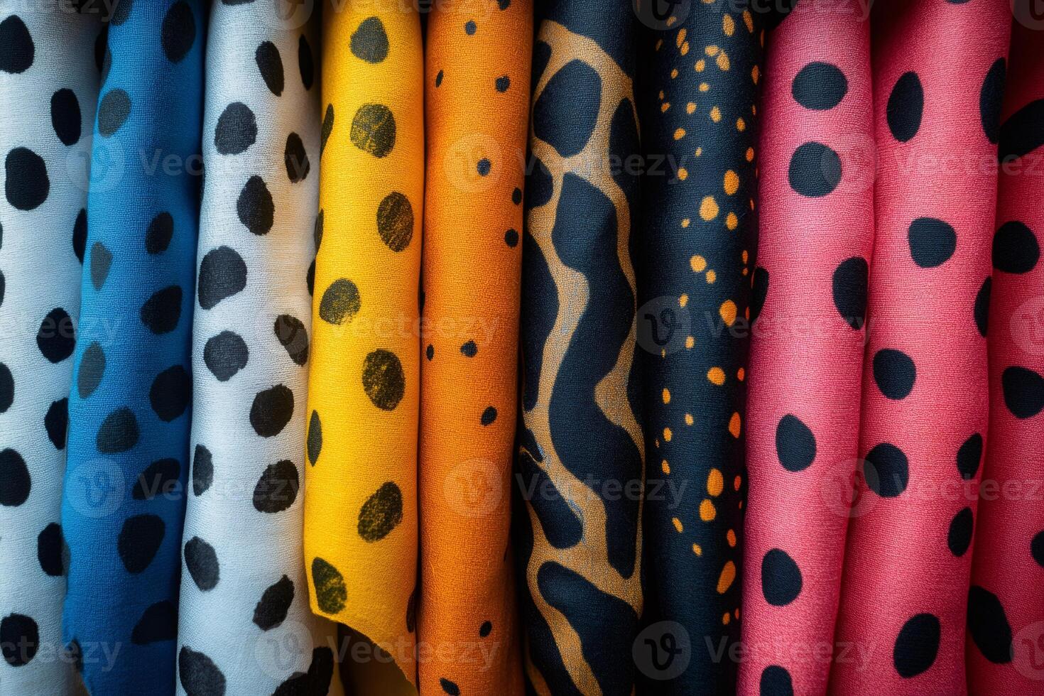 Colorful fabrics hanging showing different patterns, creating a fashionable display photo