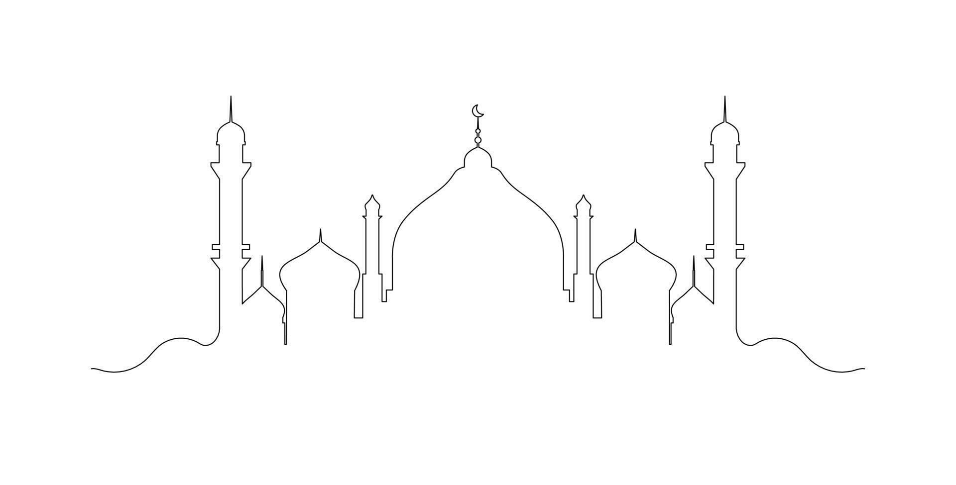 Elegant one line drawing of a mosque with domes and minarets, featuring crescent moons and a star. Simple and modern Islamic architecture outline, perfect for Eid, Ramadan, and religious designs. vector
