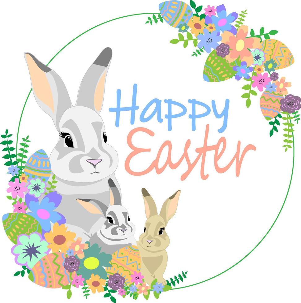 rabbits in round frame made of flowers and eggs, Happy Easter postcard pastel colors vector