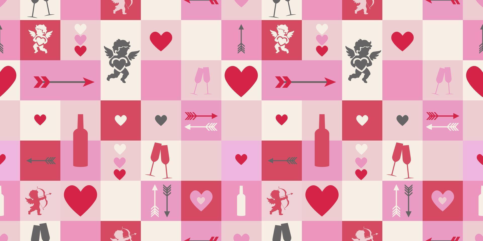 pattern of squares with cupids cherubs, arrows, a bottle of wine, glasses and hearts. Light pink and white colors. Love and modern romantic background. Valentine's Day vector