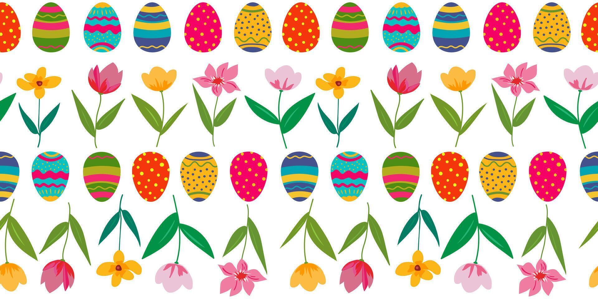 Seamless pattern with colorful Easter Easter eggs and flowers - tulips and daffodils arranged in a row. Saturated colors on a white background vector
