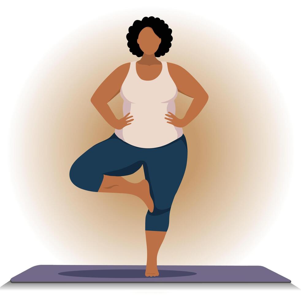 A woman is practicing yoga. Plus size. Mulatto. Yoga pose vector