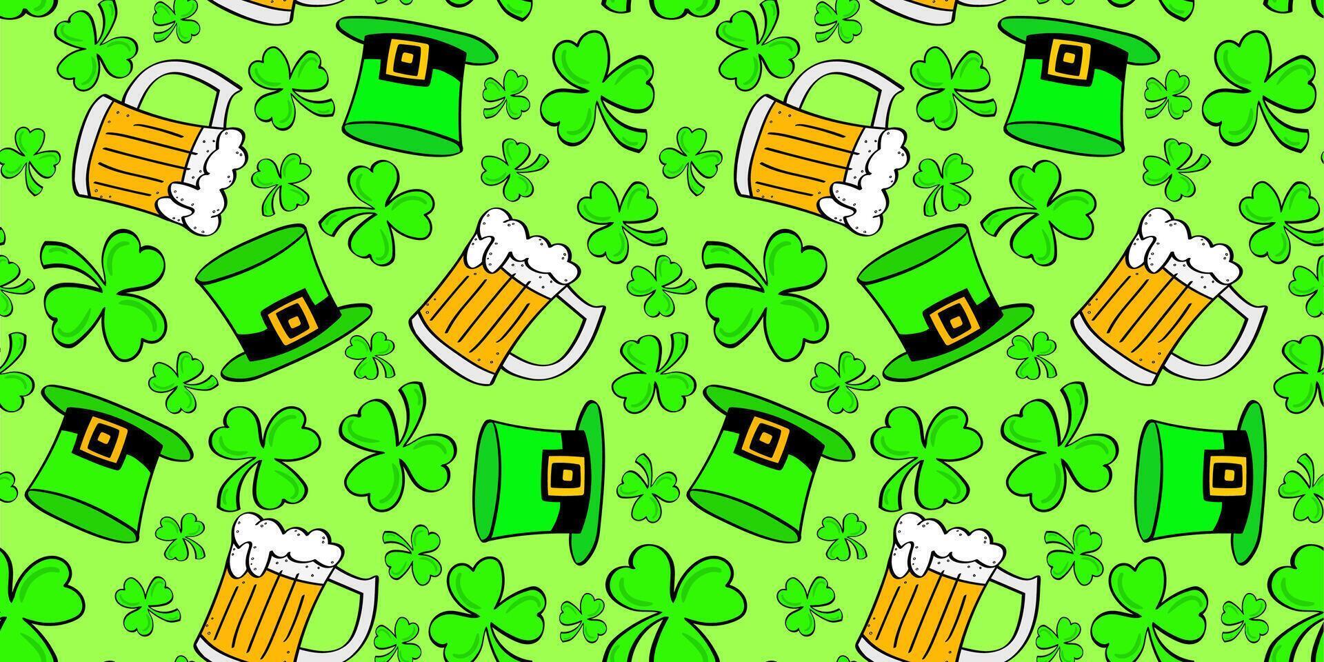 st. patrick's day green clover shamrock hat beer pattern vector