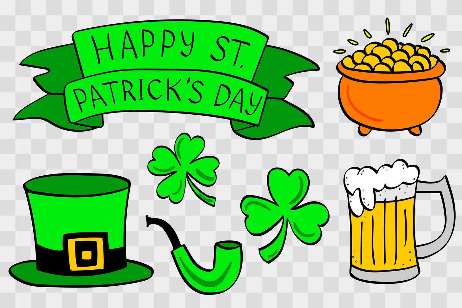 elements for st. patrick's day ribbon leprechaun's hat mug of beer shamrocks pipe vector
