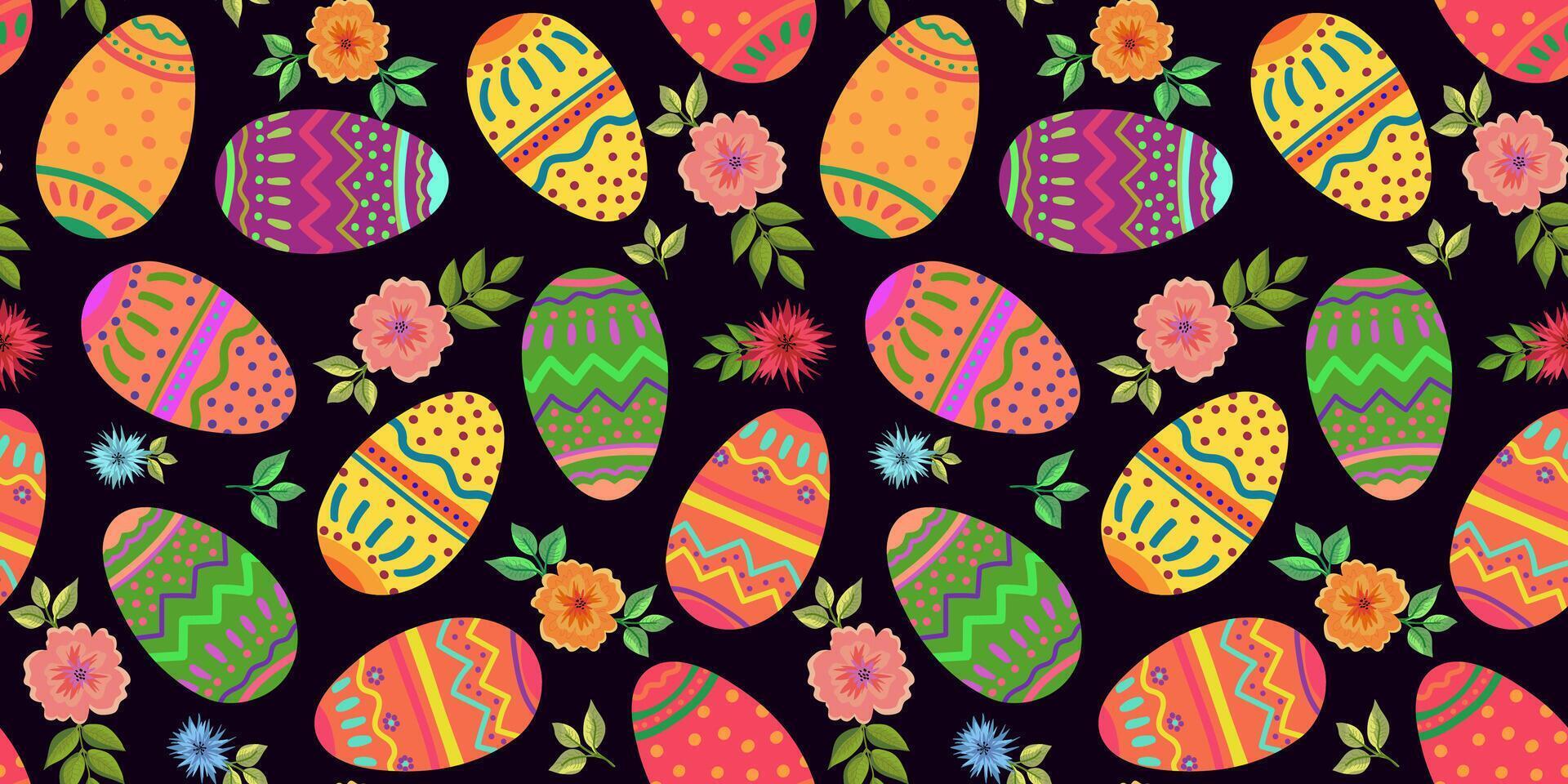 Easter seamless pattern colorful Easter eggs flowers and leaves black background vector