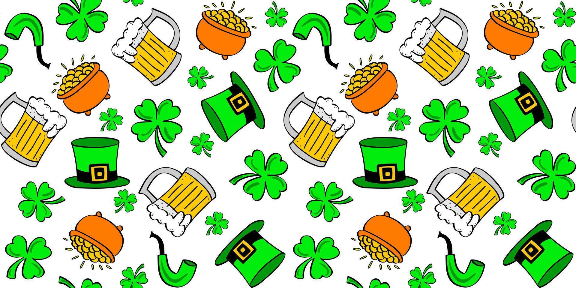 modern seamless bright color pattern st. patrick's day green clover shamrock hat beer pot with gold doodle style vector