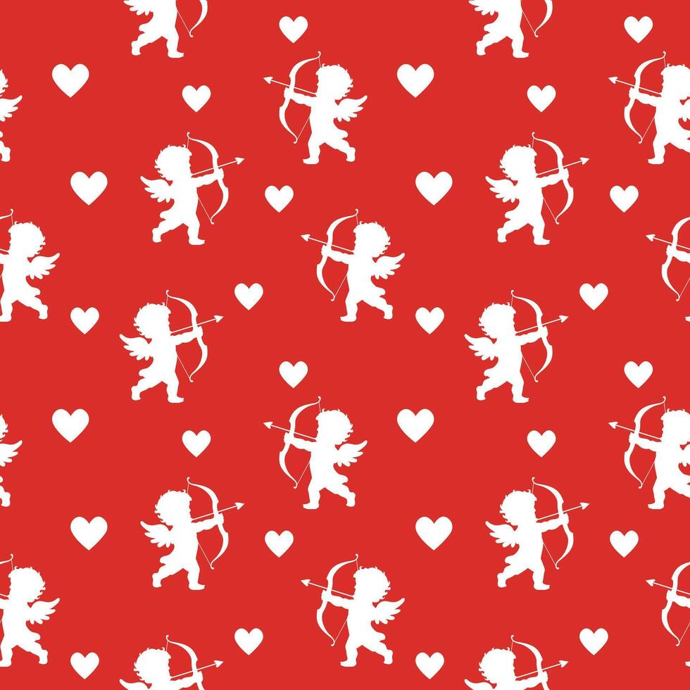 Valentine's Day love seamless pattern with white cupids with a bow and arrow and hearts red background vector