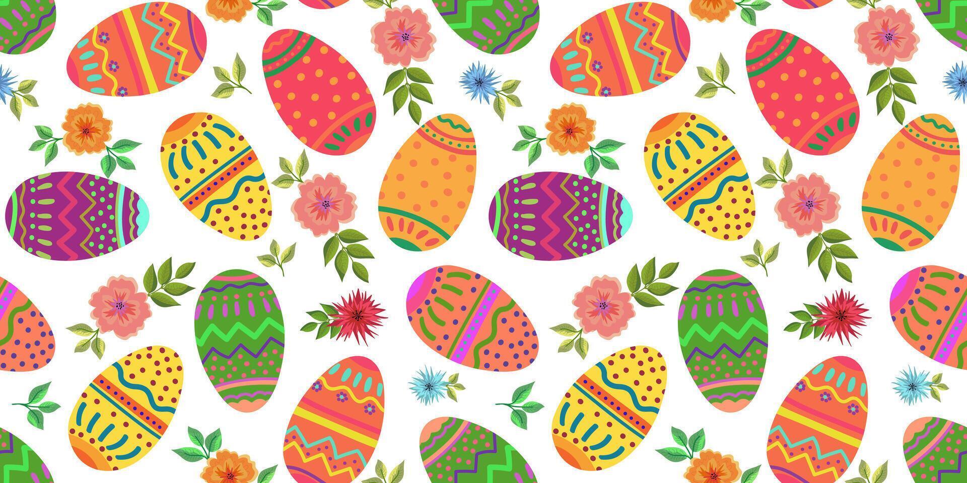 Easter seamless pattern colorful pink green orange Easter eggs flowers and leaves white background vector