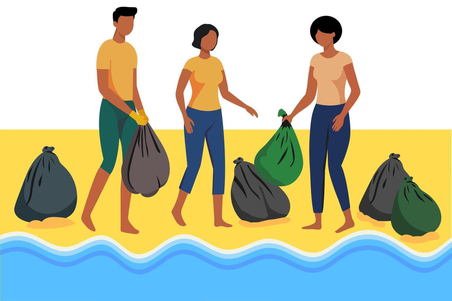 People clean up on the ocean shore. Garbage bags on the beach. Take care of nature illustration vector