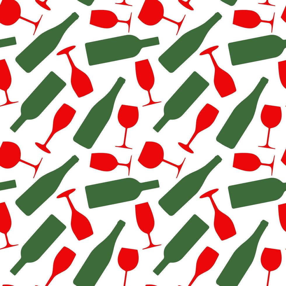Wine seamless pattern with green bottles and red glasses on a white background vector
