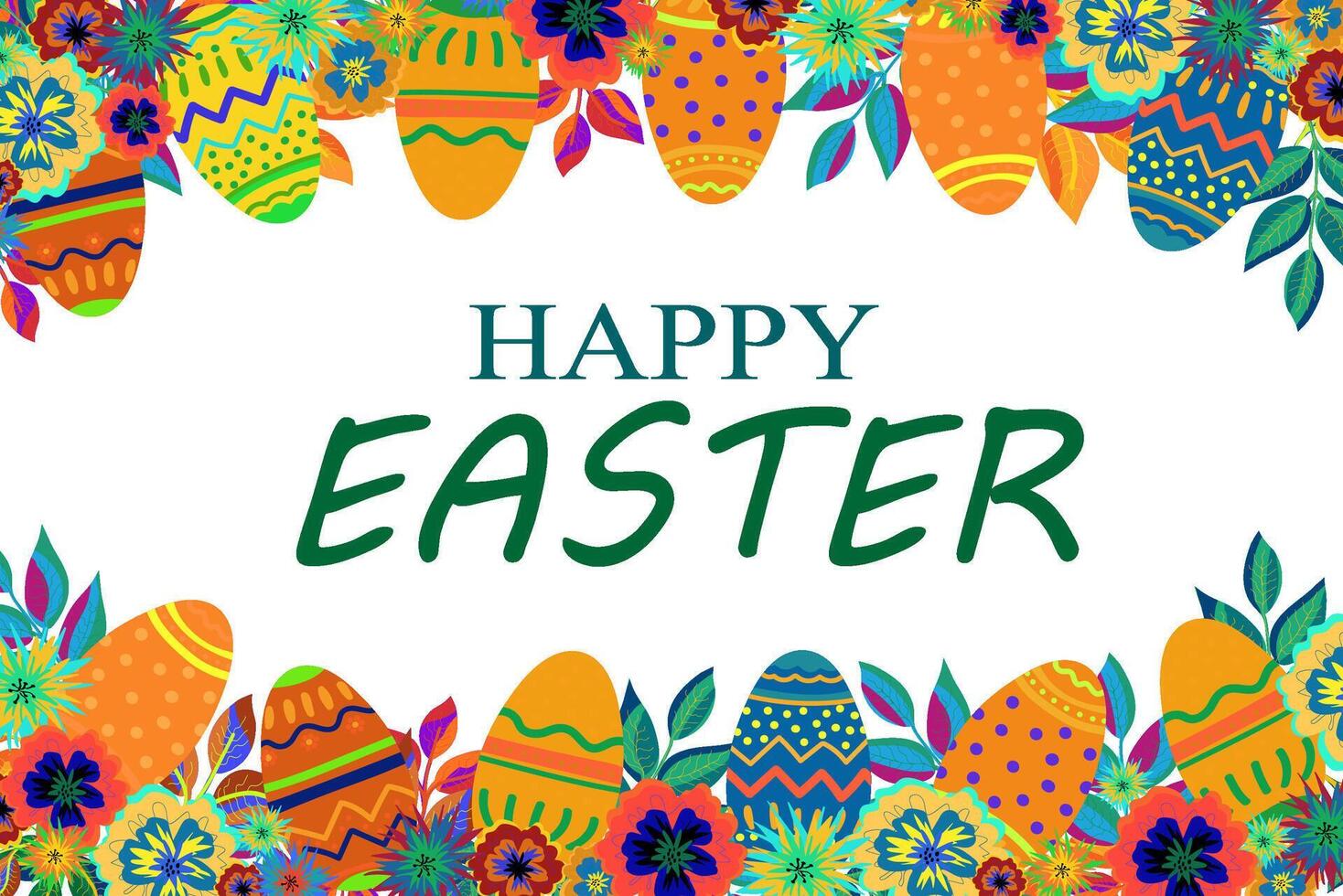 Easter frame on the bottom and top with an inscription in the middle happy Easter, rich bright blue orange yellow colors, Easter eggs flowers and leaves vector