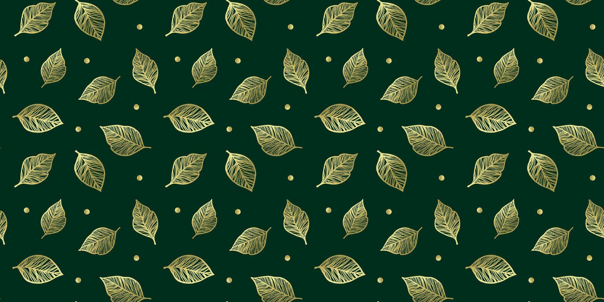Golden leaves with polka dots on an emerald green background. Trendy and modern seamless pattern vector