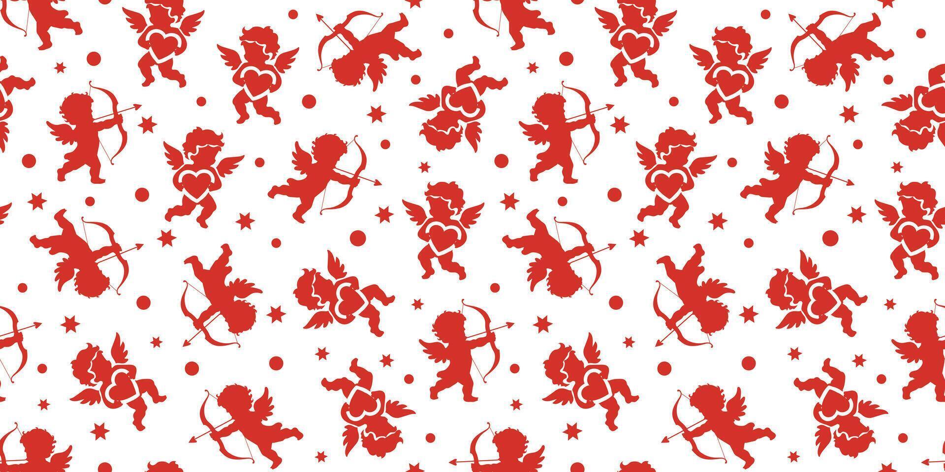 Background for st. valentine's day. seamless pattern with stars and red cherubs cupids shooting from a bow on a white background vector