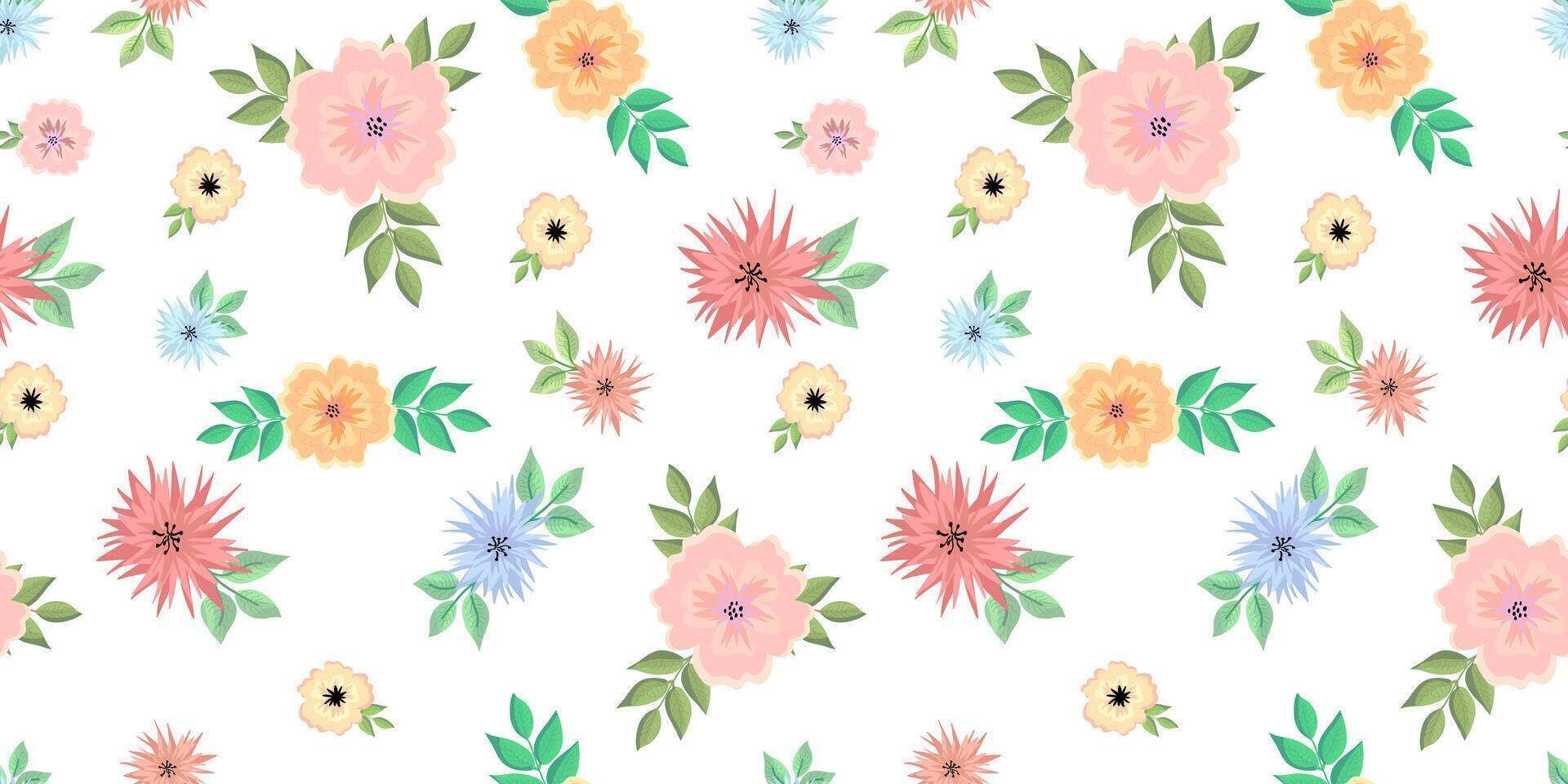 Floral seamless pattern in minimalist style pink blue yellow and a white background, delicate and pastel colors vector