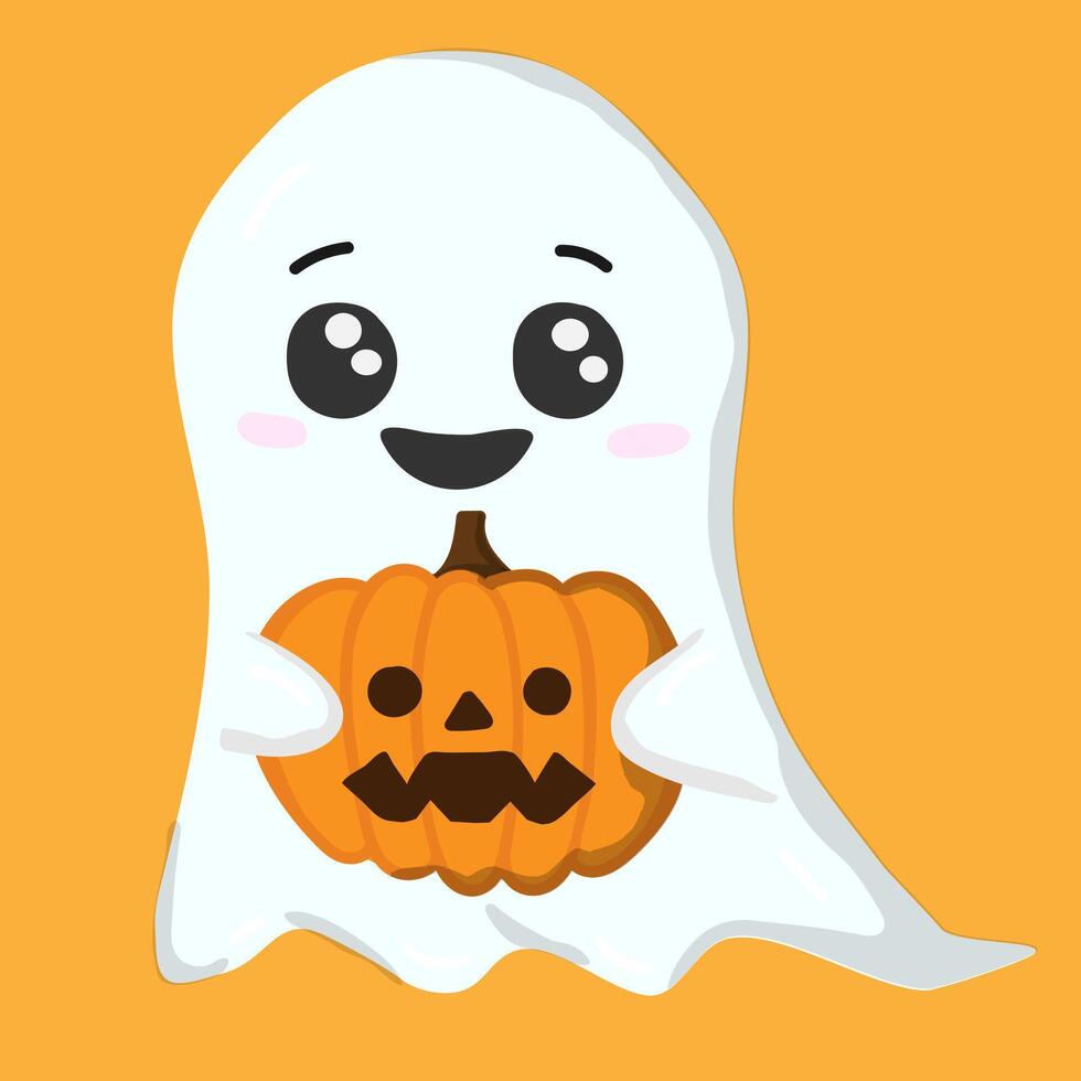 Cute ghost with pumpkins in his hands. Halloween illustration for design and web vector