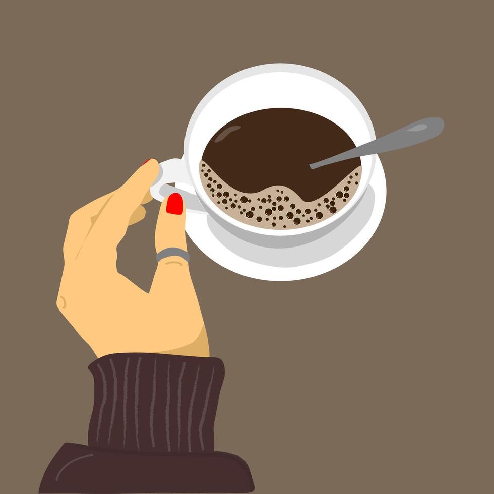 Woman hand holding a cup of coffee. Red manicure illustration vector
