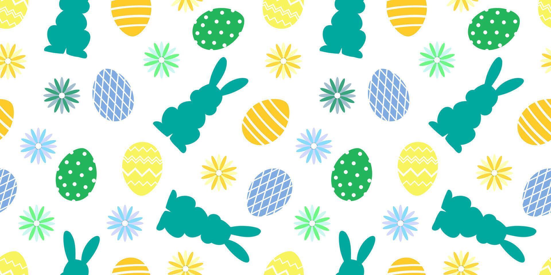 Seamless pattern outlines of emerald rabbits Easter eggs and flowers vector