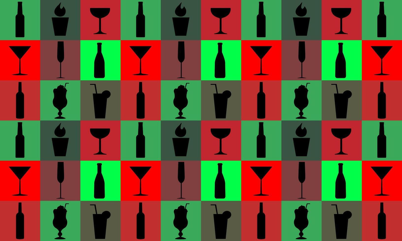 seamless pattern red and green of silhouette cocktail bar. Squares vector