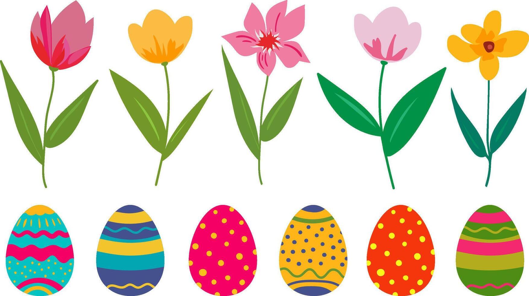 Easter objects eggs and spring flowers tulips and daffodils vector
