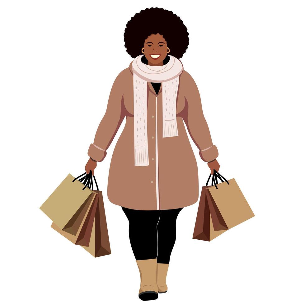 African-American plus size woman with beige packages in her hands. Ecological package from the store. Shopping vector