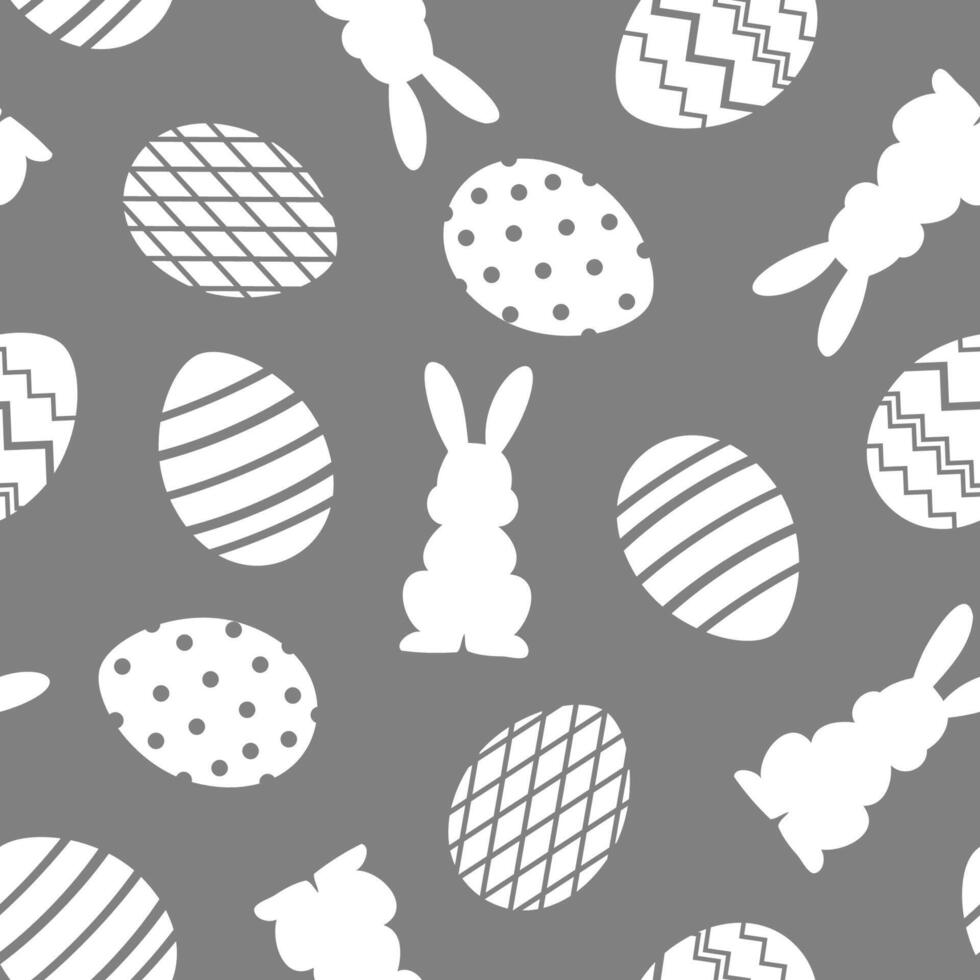 Seamless modern minimalist pattern with silhouettes of rabbits and Easter eggs on a gray background vector