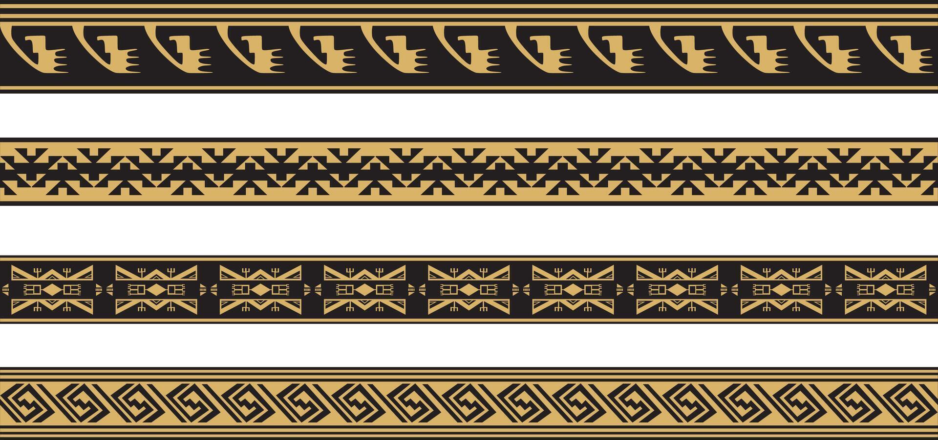 set of gold and black native american ornamental seamless borders. Framework of the peoples of America, Aztecs, Maya, Incas vector