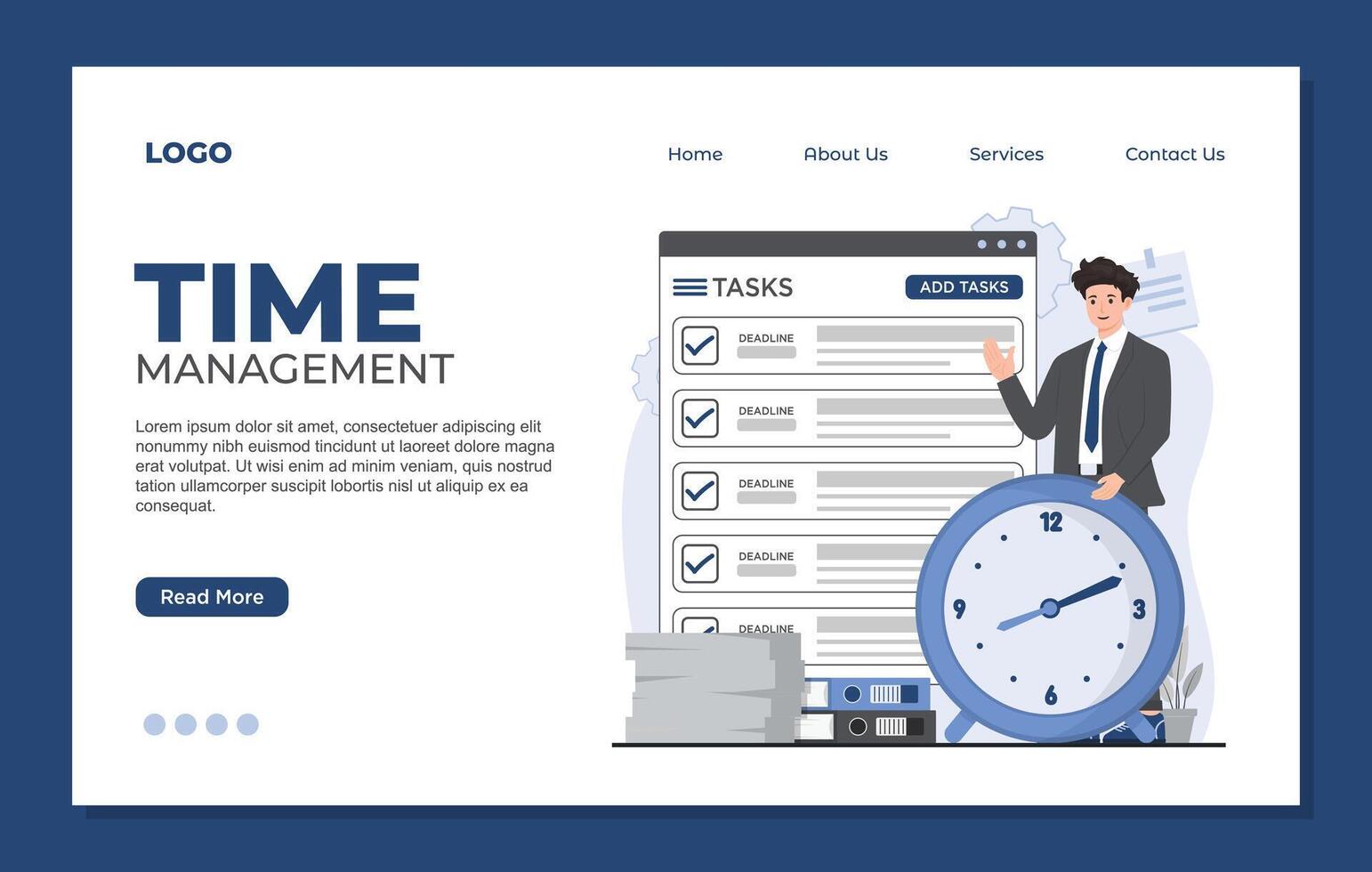 Time management website flat landing page template. Time management web page design vector
