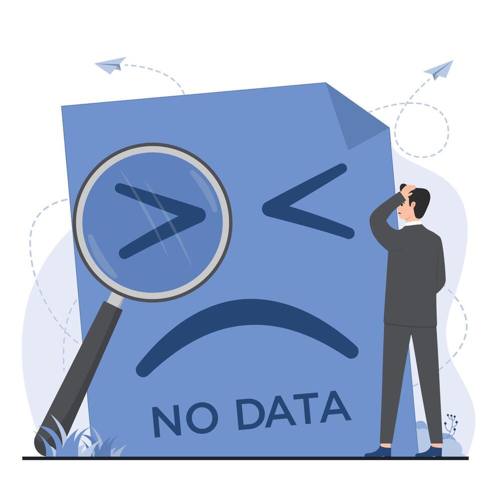 No Data concept. Businessman looking through a magnifying glass at a sad emoji. vector