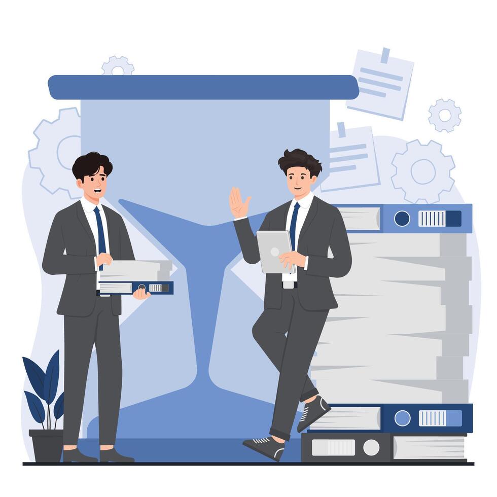 Time management concept. Businessman with briefcase and hourglass. illustration in flat style vector