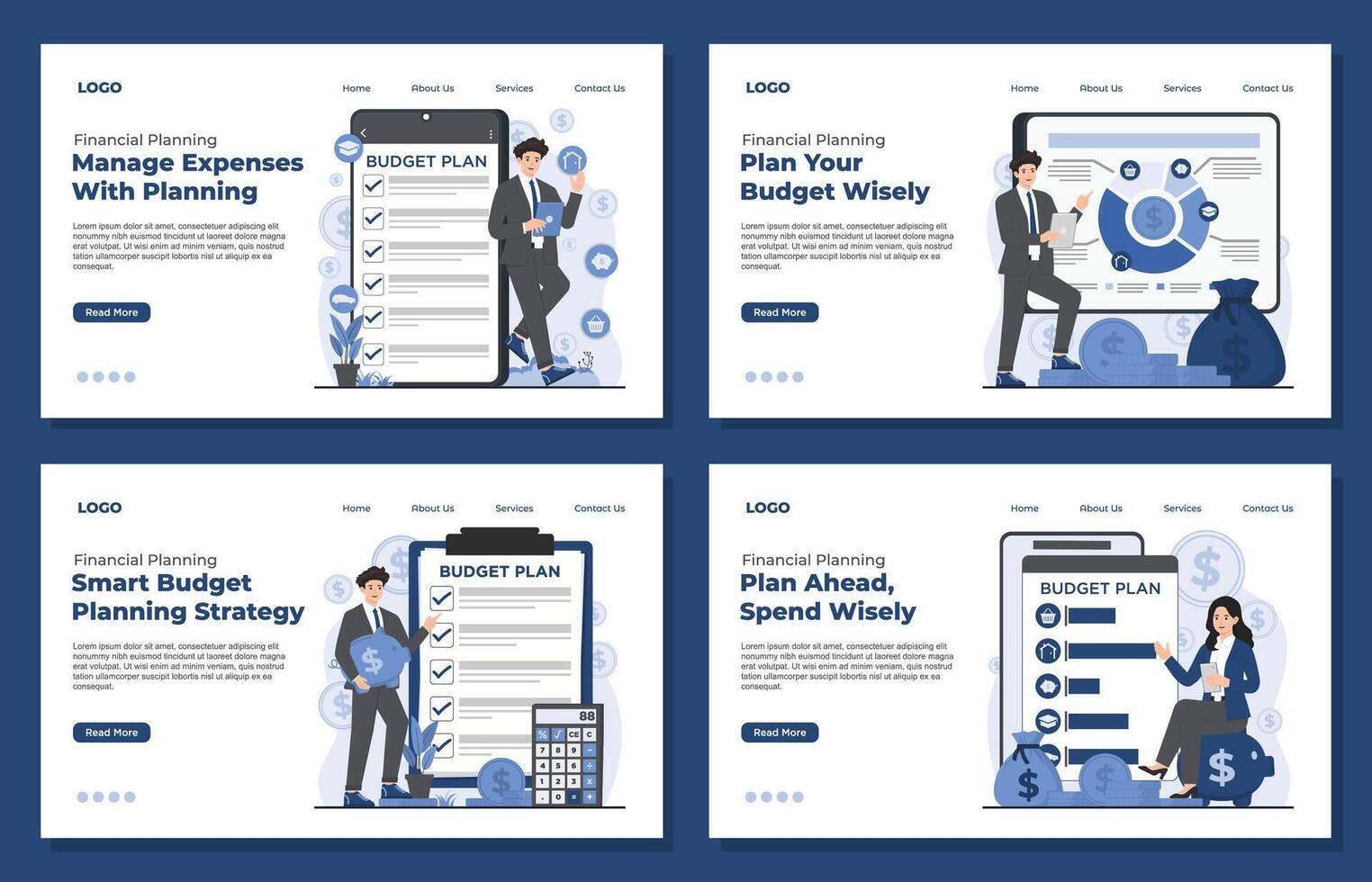 Landing page template illustrating budget planning concept financial plan management, and smart money saving strategies vector