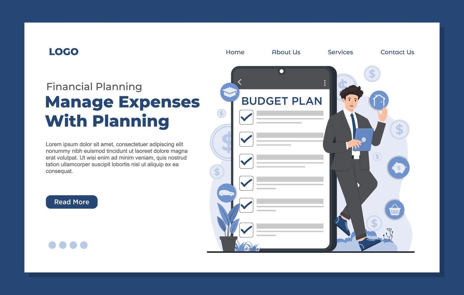 Landing page template for web and mobile applications. budget planning concept financial plan vector