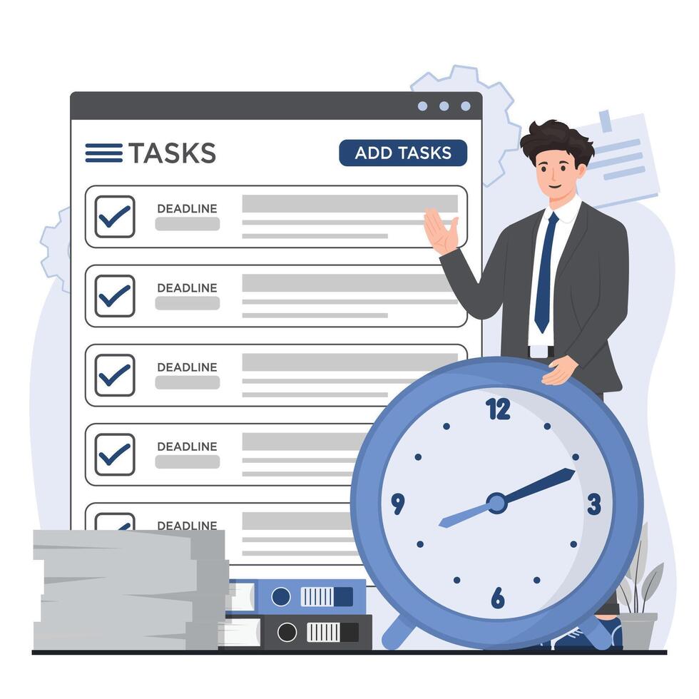 Time management. Businessman with clock and documents. illustration in flat style vector