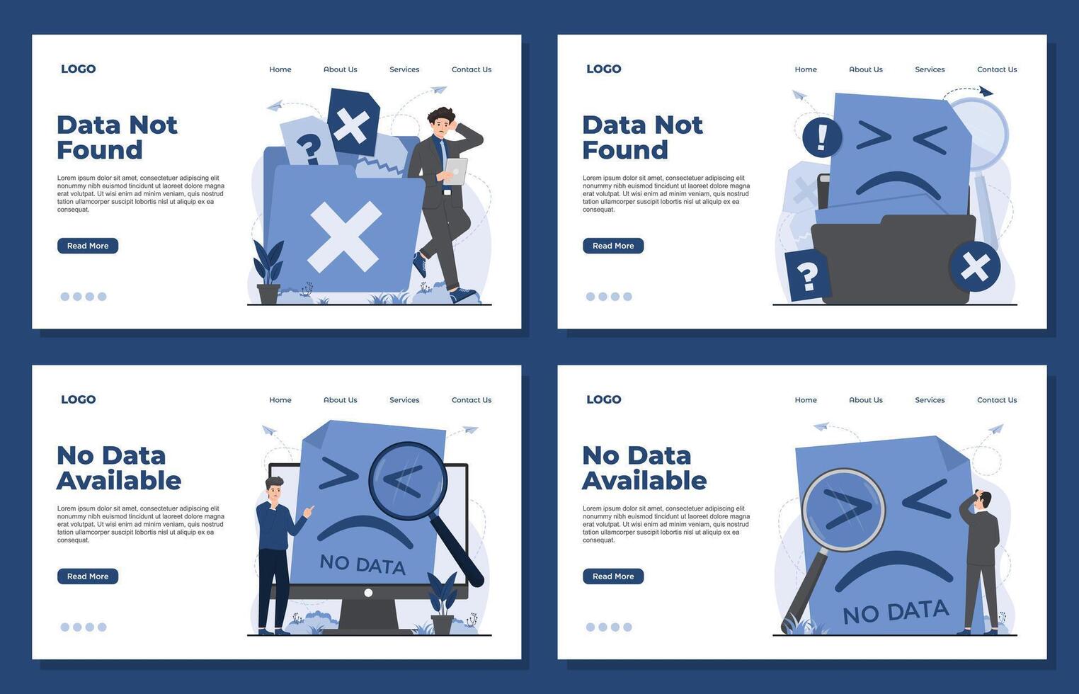 Landing page template illustrating no data concept missing files, no search results found in a system data not available illustration vector