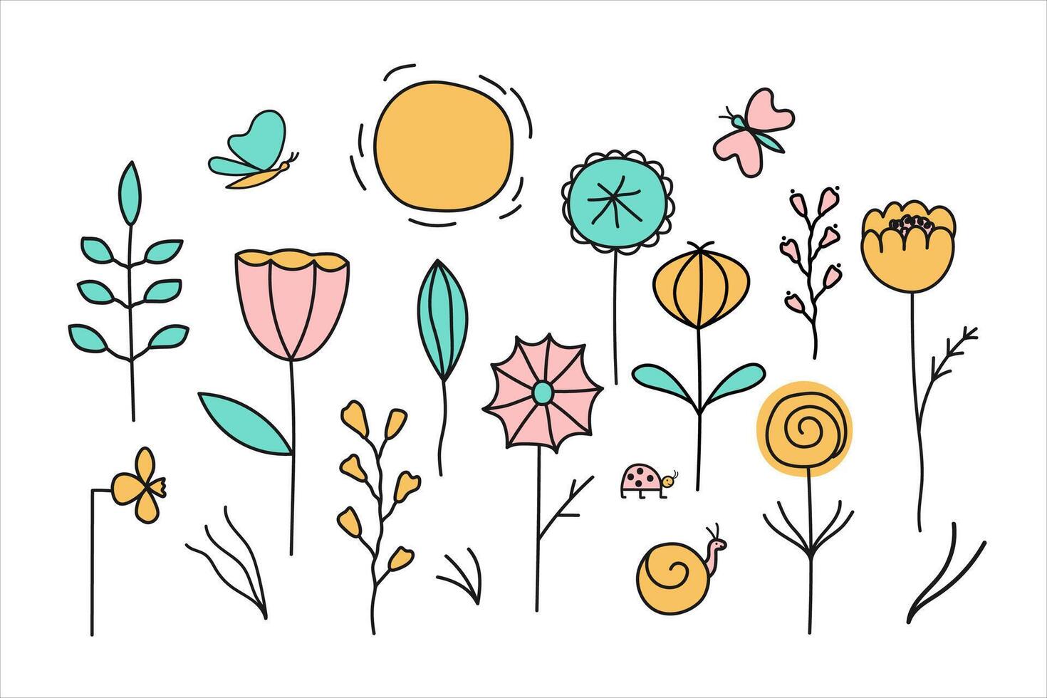 Set with different Spring or Summer abstract Flowers. Hand drawn background with blooming plants, sun, ladybug, butterfly for web, print, paper, card, sign. Design card for seasons and holidays vector