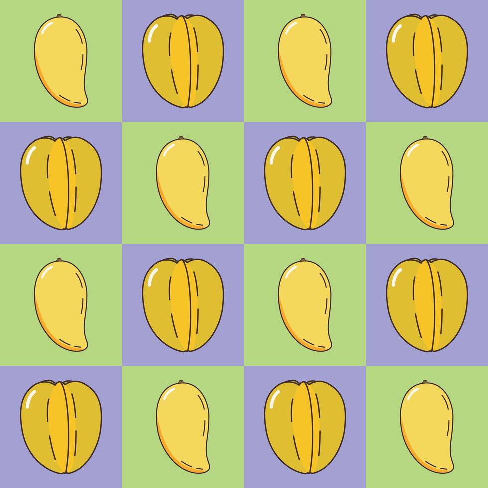 Mango and starfruit in a healthy fruit concept pattern on checkered background, hand drawn doodle . vector