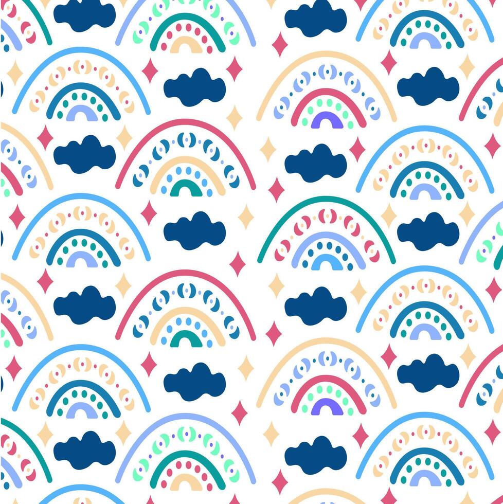 Colorful doodle kids pattern with rainbows, clouds and stars. Illustration can be used for decoration, child textile, fabrics, wrapping paper, wallpaper, apparel vector