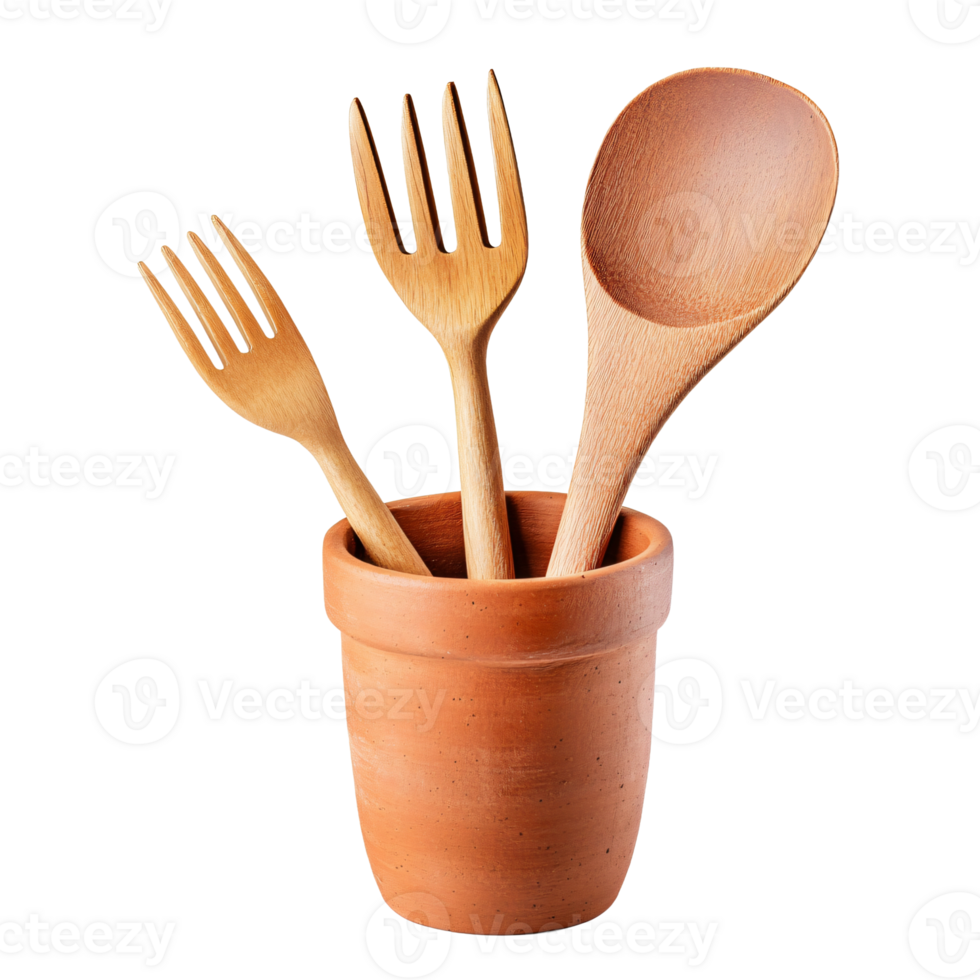 Earth-Toned Clay Pot with Assorted Cooking Spoons png