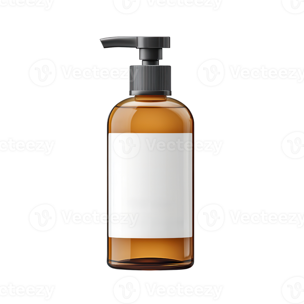 Empty amber glass bottle with pump dispenser for liquid isolated on transparent background png
