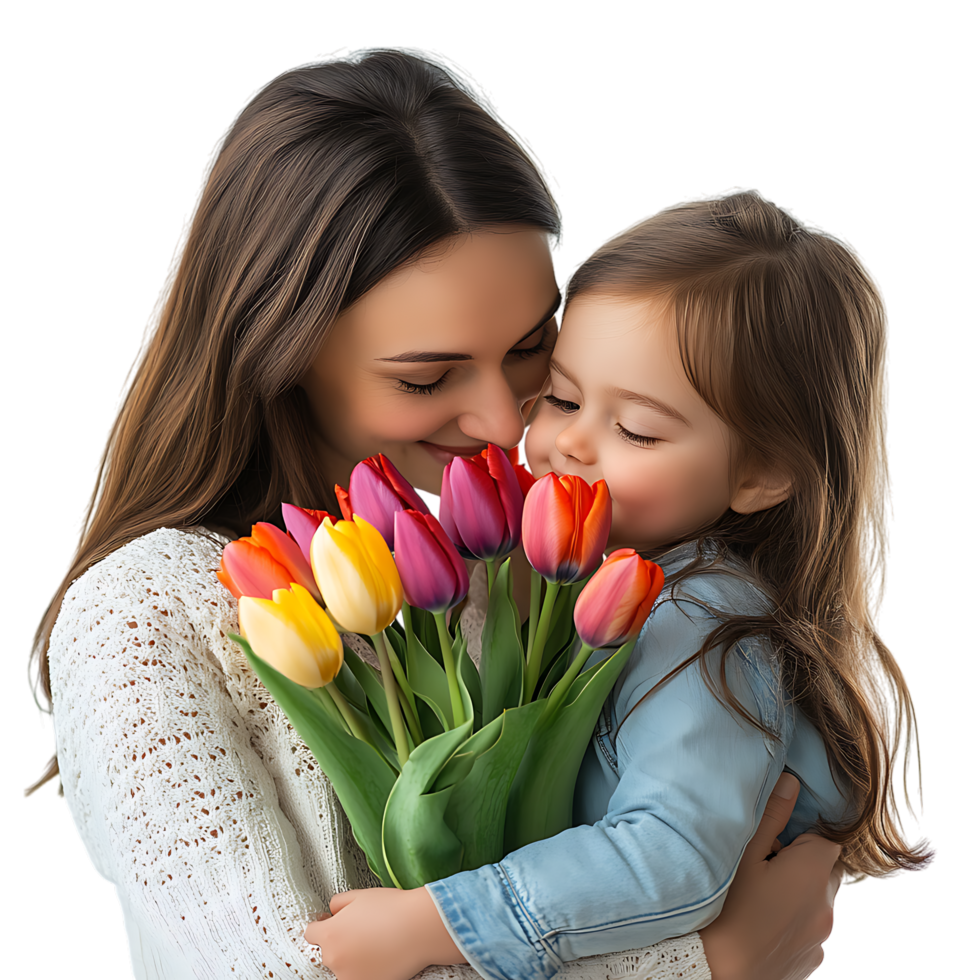 Mother Embracing Daughter with Colorful Tulips in Hand on Transparent Background png