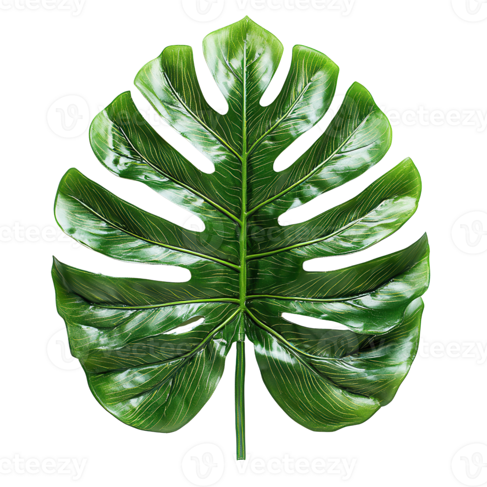 Large green monstera leaf with glossy texture and details isolated on transparent background png