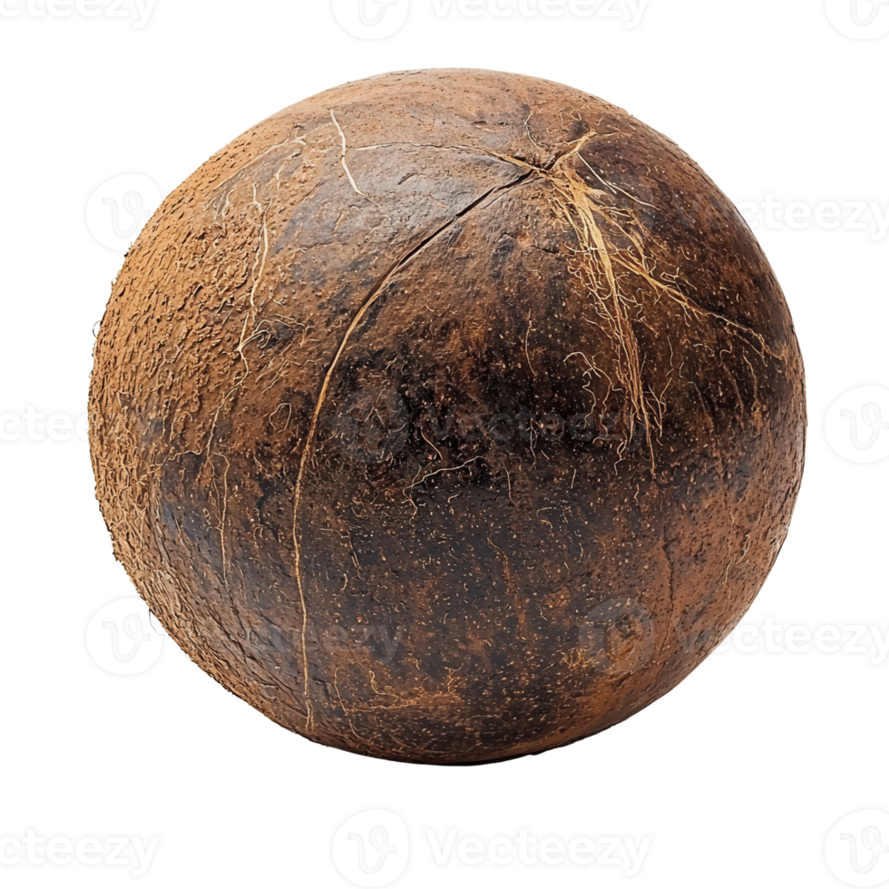 Coconut shell with rough texture and natural fibers isolated on transparent background png