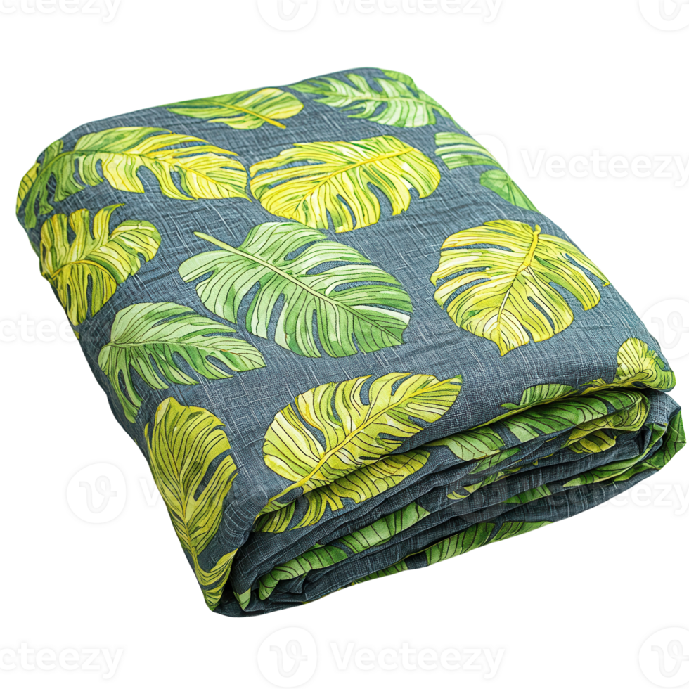 Lush green leaf patterned blanket on textured background isolated on transparent background png