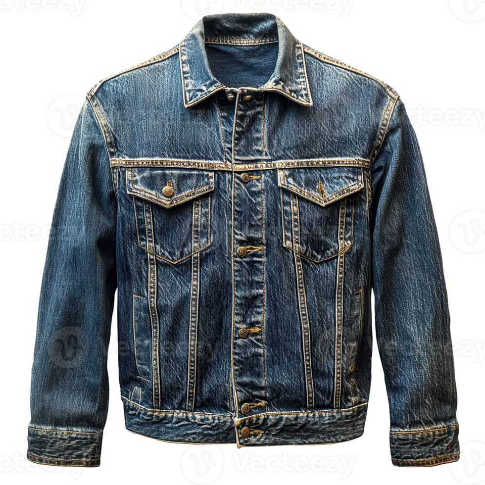 Denim jacket with classic design and faded texture isolated on transparent background png