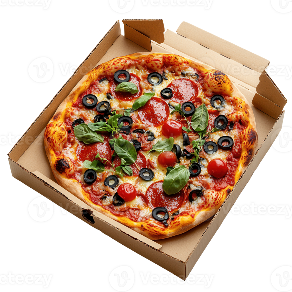 Delicious pizza with toppings in cardboard box isolated on transparent background png