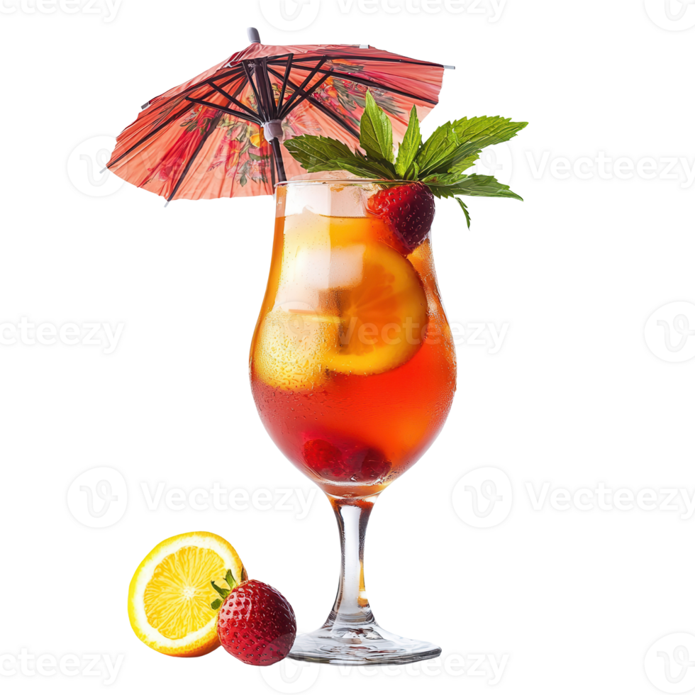 Refreshing cocktail with fruit and umbrella garnish isolated on transparent background png