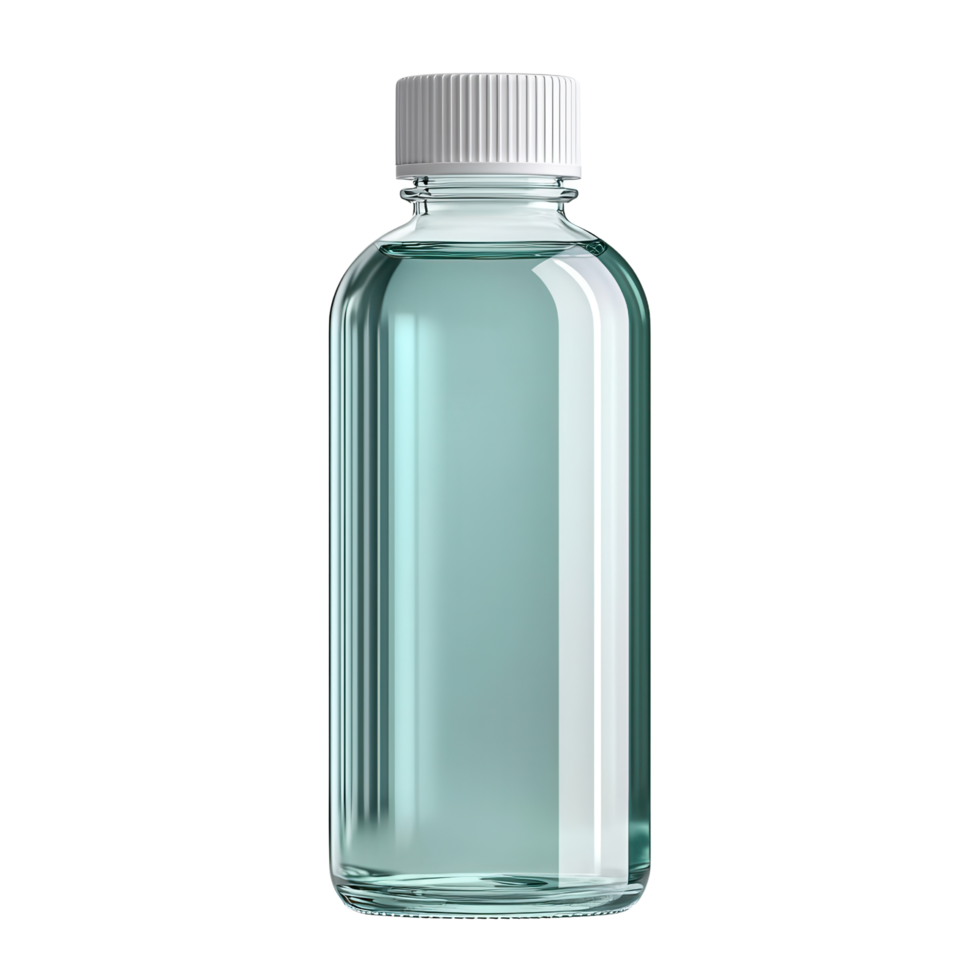 Clear bottle with light blue liquid and white cap isolated on transparent background png