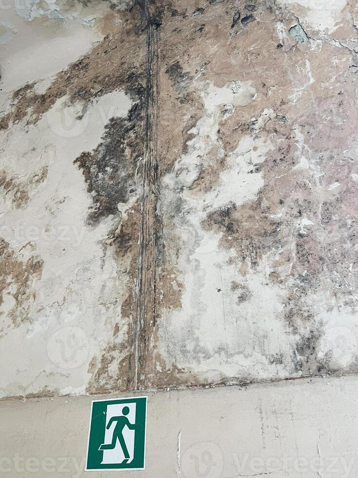 Moldy concrete wall surface with signs of water damage and a caution sign photo