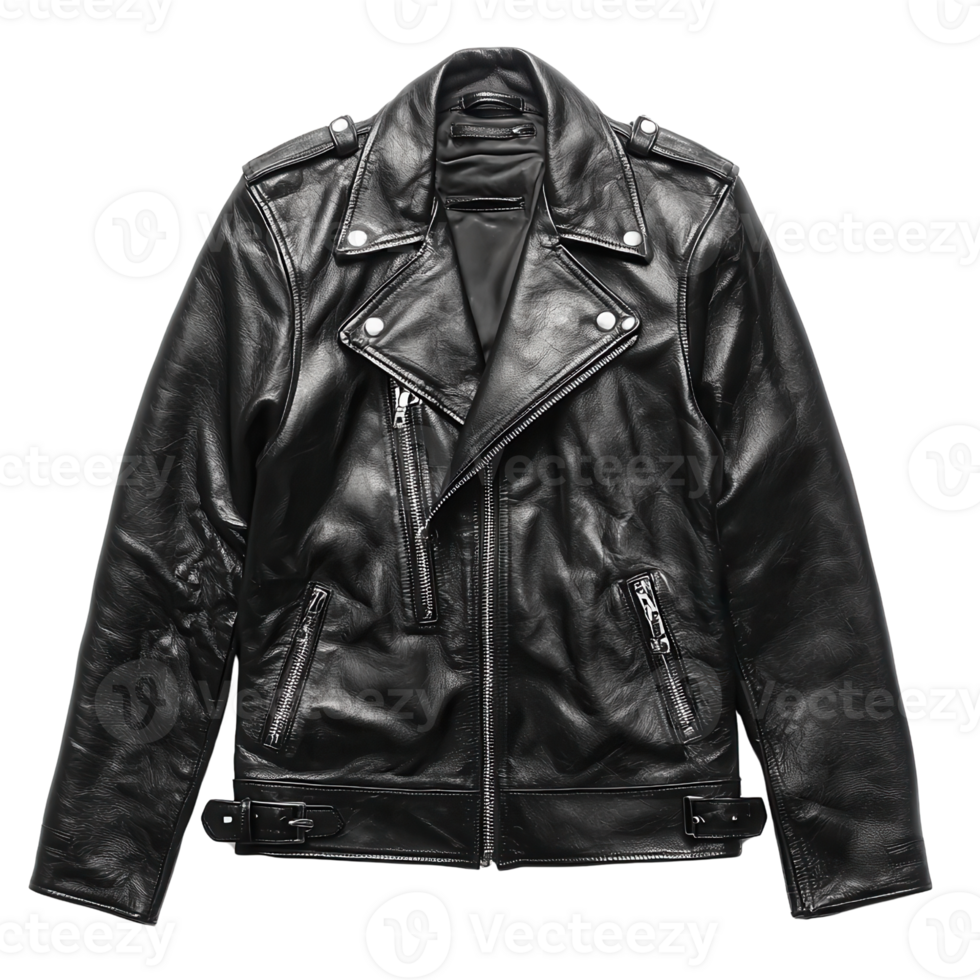 Stylish black leather biker jacket with zippers and details isolated on transparent background png