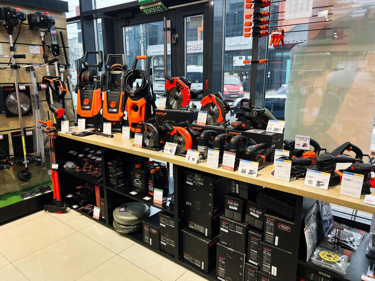 Kyiv, Ukraine - February 04, 2025 Store display featuring various electric tools and equipment in a showroom setting photo